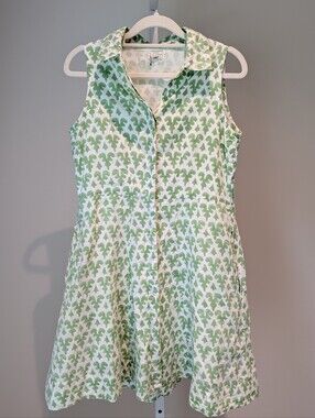 Livro Celadon Block Print India Button Collar Shirt Dress Cotton Fit & Flare XS